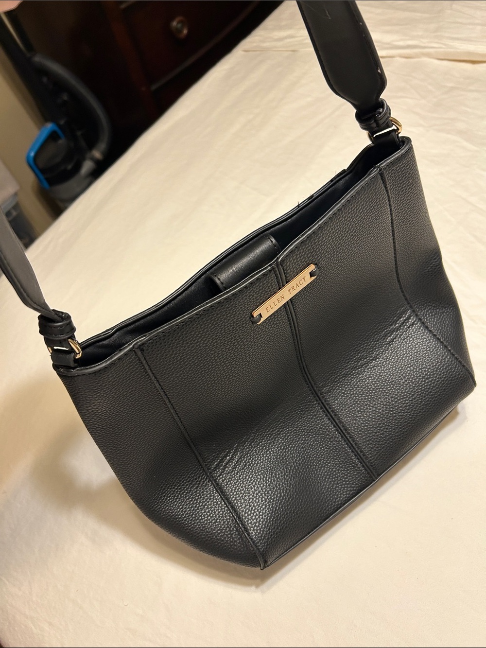 Ellen Tracy Black Pebbled Shoulder Bag with Gold Plate